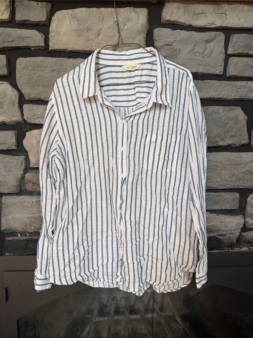 Lucky Brand Ladies White Button-Down Shirt with Navy Stripes